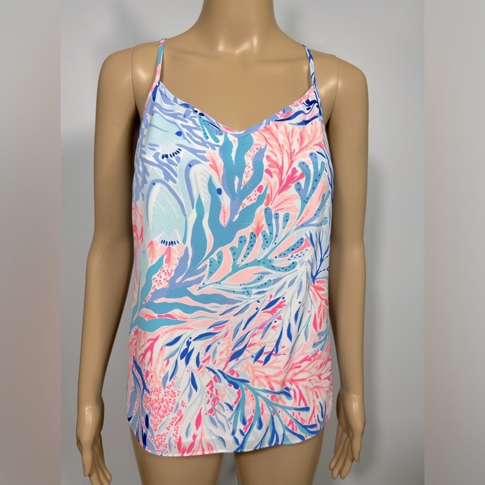 Lilly Pulitzer DUSK TOP CREW BLUE TINT KALEIDOSCOPE CORAL Size XS Blue/Pink
